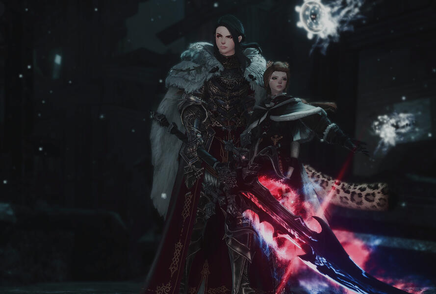 Highlander and Miqo'te in battle dress in the snow.